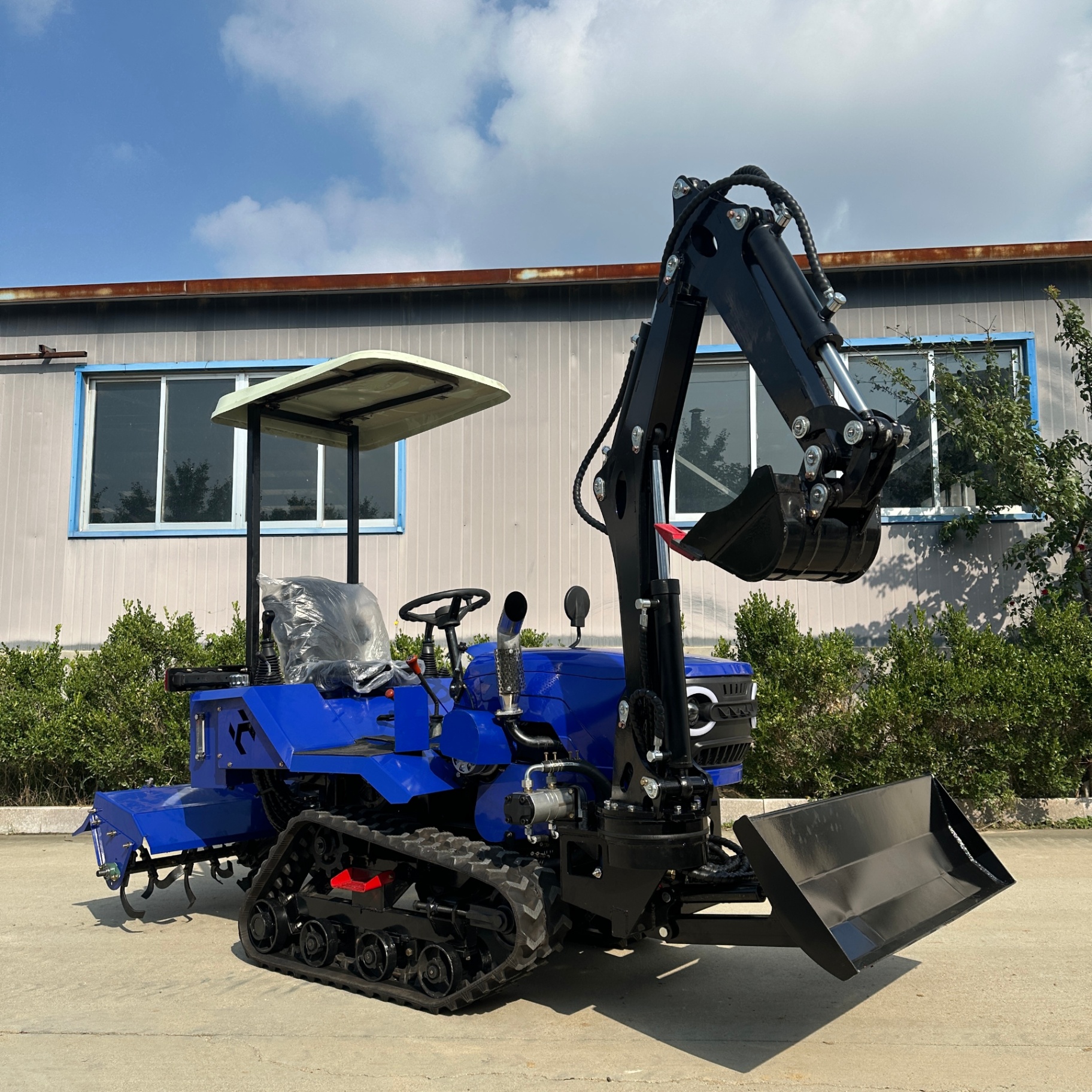 35 HP Crawler Rotary Tiller + Backhoe Excavator — New Model (Blue)